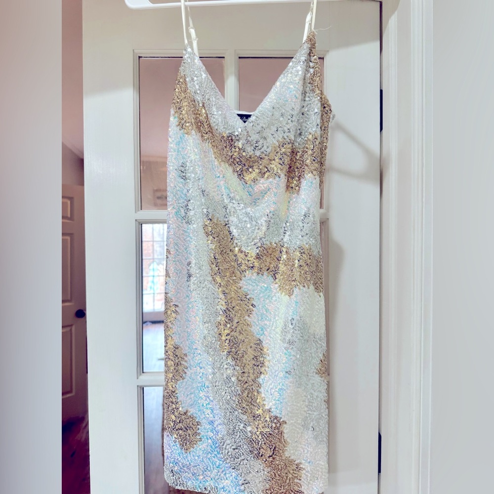 Gold/silver/white sequin mini dress